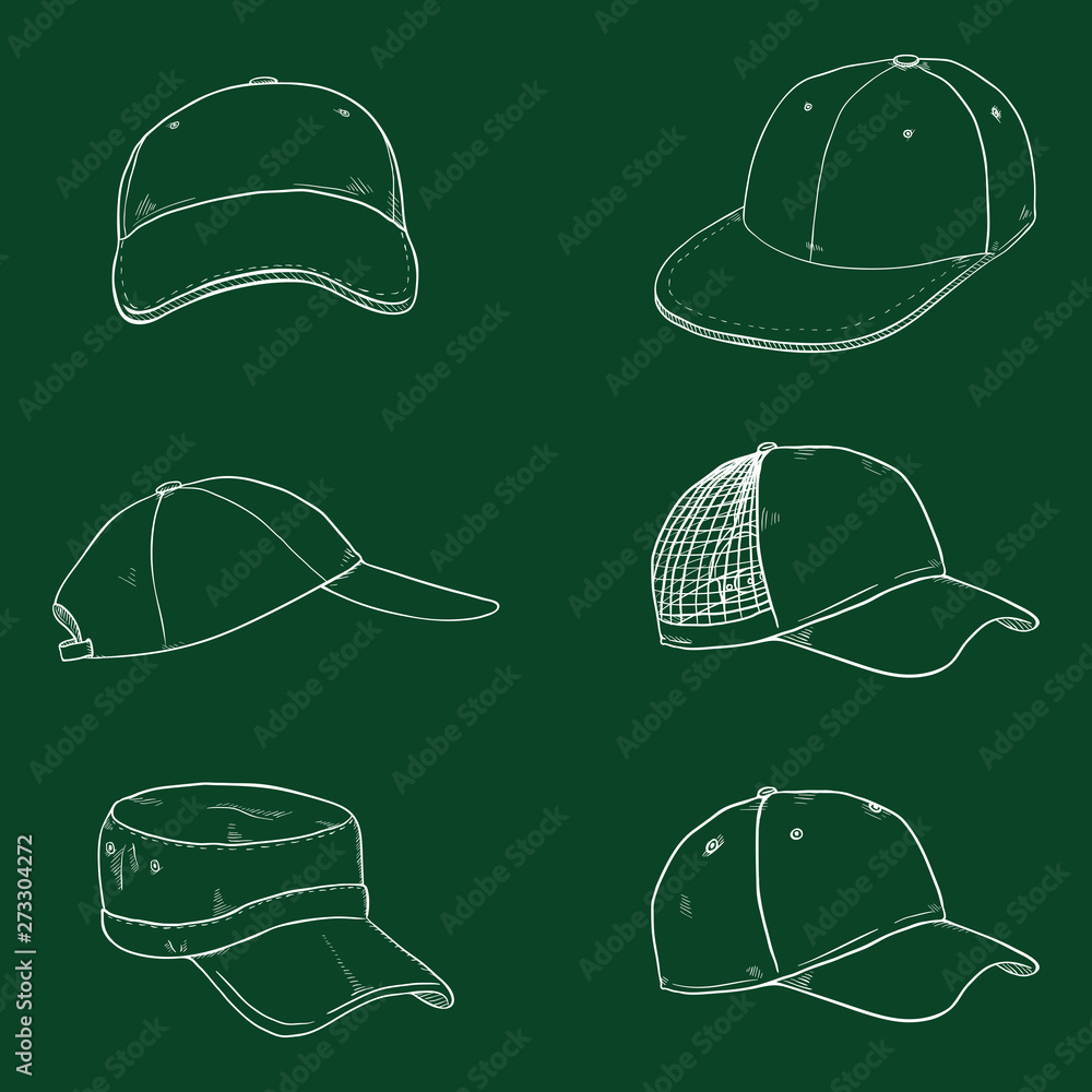 Vector Set of Chalk Sketch Baseball Caps Vector Set of Chalk Sketch Baseball Caps
