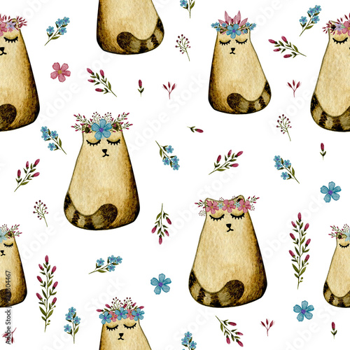 Watercolor pattern with cute cats and flowers on white background. Perfect for textile, wallpers or wrapping paper. photo