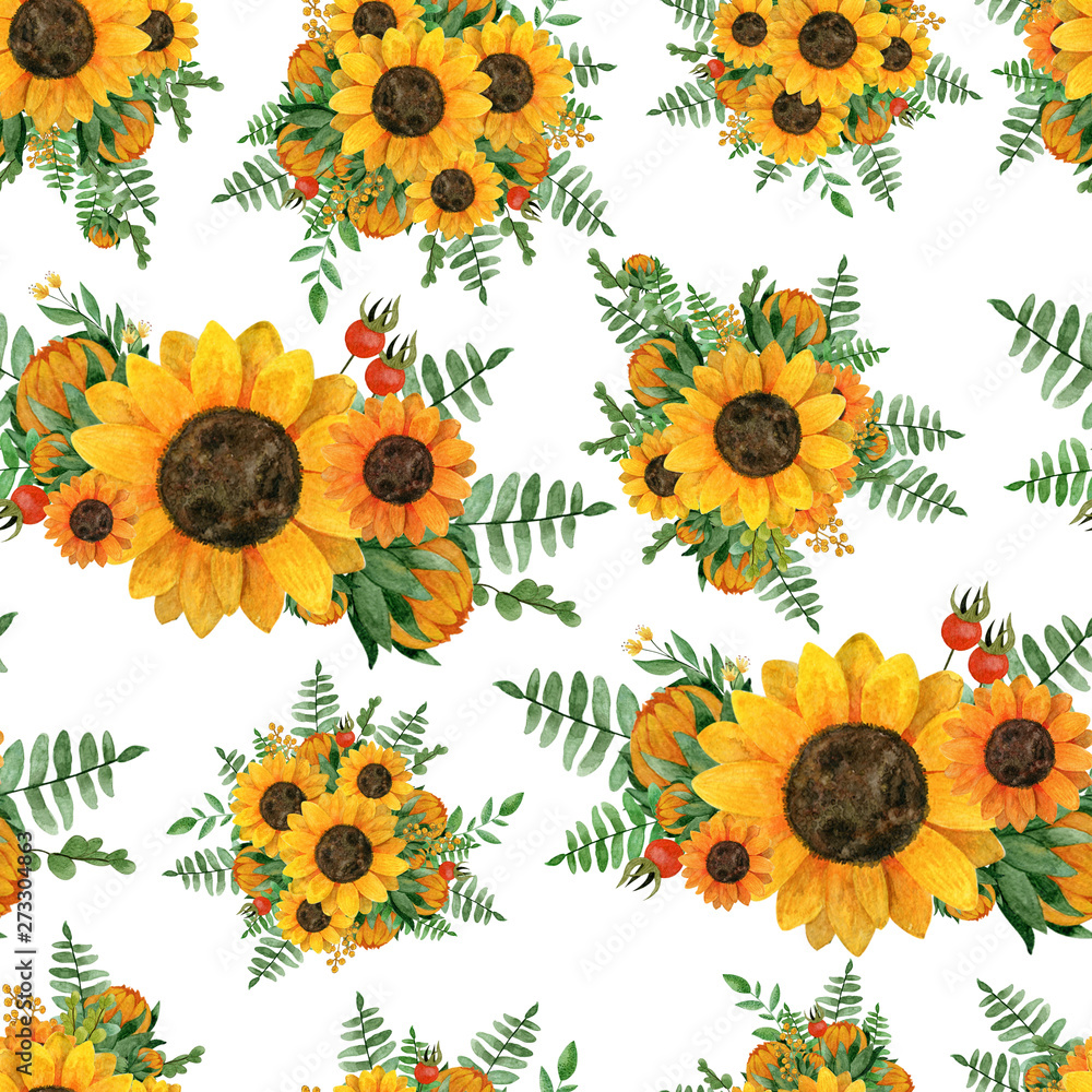 Fototapeta premium Beautiful watercolor seamless pattern with sunflowers,leaves,branches,ferns, rosehip berries. Perfect for wedding,invitation,template card,Birthday,textile.