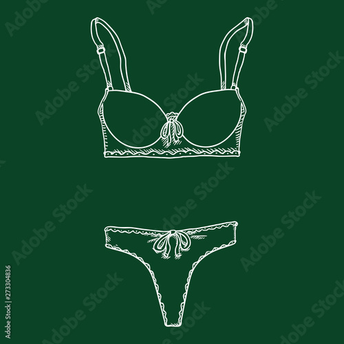 Vector Chalk Sketch Women Lingerie. Female Underwear. Bra and Panties.