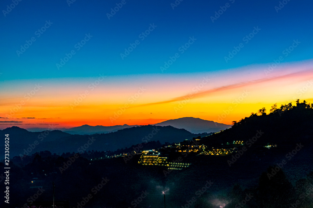 A Tranquil Scenic Landscape of Beautiful Sunset with the Resort Camping at Mon Jam, Chiang Mai, Thailand. A Tranquil Scenic Landscape of Beautiful Sunset with the Resort Camping at Mon Jam, Chiang Mai, Thailand.