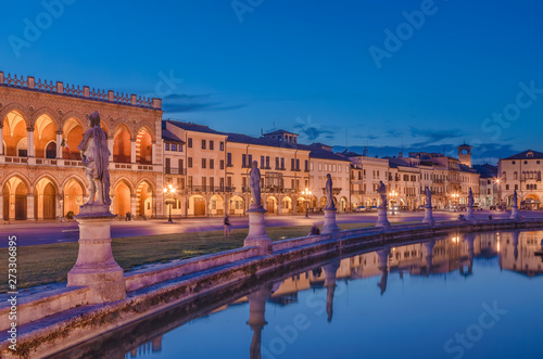 Prato della Valle in Padua city with city lights during the blue hour