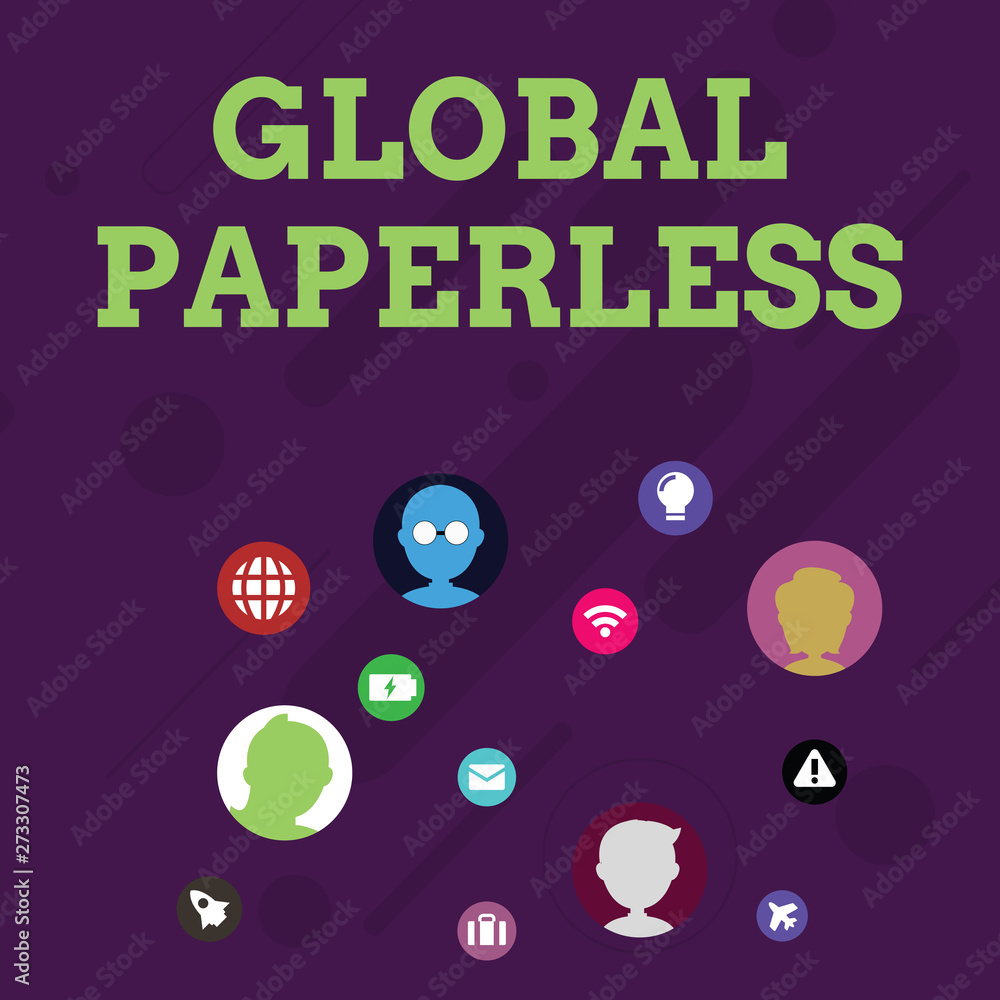 Fototapeta premium Word writing text Global Paperless. Business concept for going for technology methods like email instead of paper Networking Technical Icons with Chat Heads Scattered on Screen for Link Up.