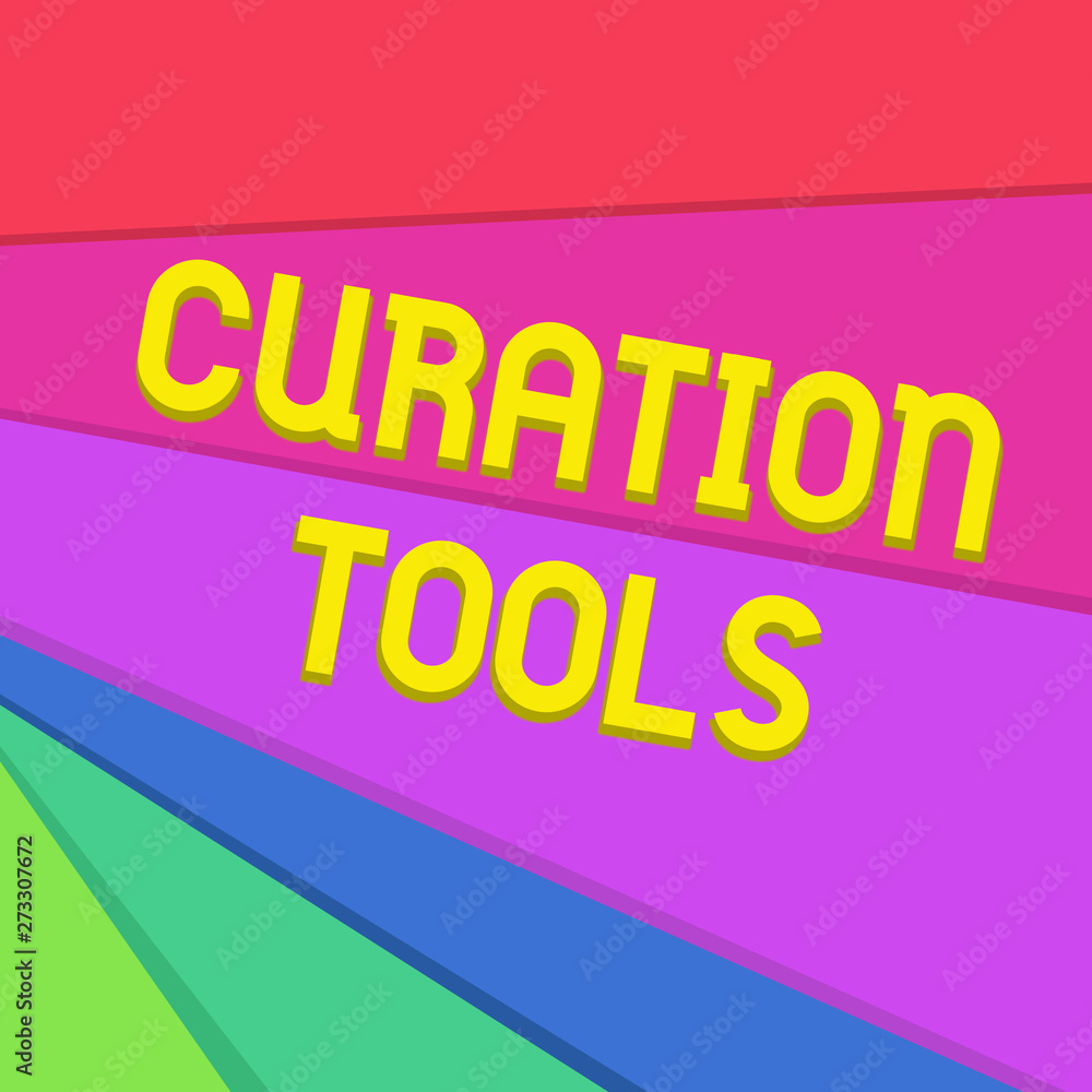Fototapeta premium Handwriting text writing Curation Tools. Concept meaning Software used in gathering information relevant to a topic Multicolor Sheets of Cardboard Paper of Different Colors Placed Randomly.