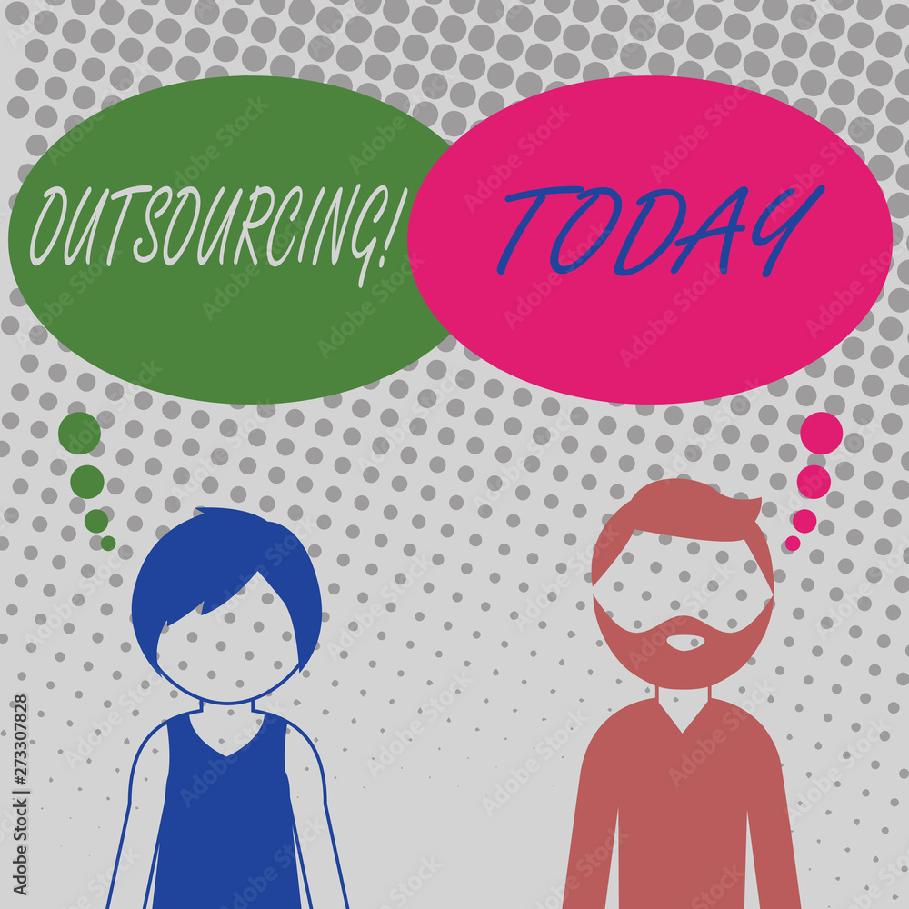 Handwriting text Outsourcing. Concept meaning Obtain goods or service by contract from an outside supplier Bearded Man and Woman Faceless Profile with Blank Colorful Thought Bubble. Handwriting text Outsourcing. Concept meaning Obtain goods or service by contract from an outside supplier Bearded Man and Woman Faceless Profile with Blank Colorful Thought Bubble.