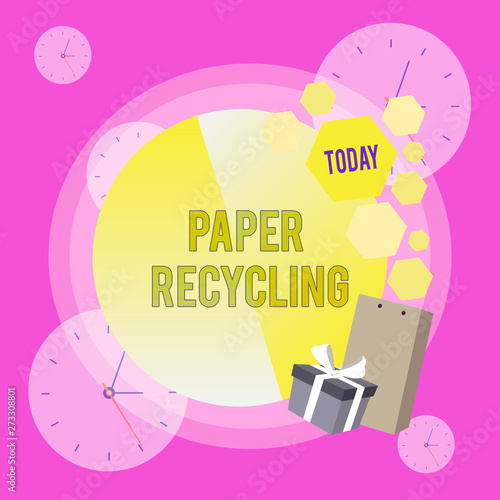 Conceptual hand writing showing Paper Recycling. Business photo showcasing Using the waste papers in a new way by recycling them Greeting Card Poster Gift Package Box Decorated by Bowknot.