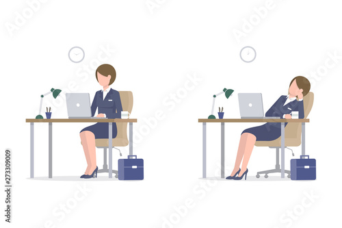 Business woman sitting at the table and using a laptop. Tired girl drinks coffee at work at lunch time. Flat vector illustration isoleted on white background.