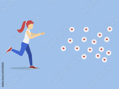 Young woman running for likes notifications. Girl addicted to social media and network. 
