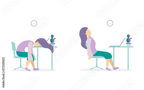 Professional burnout. Young exhausted woman sitting at the office. Long working day. Flat vector illustration isoleted on white background.