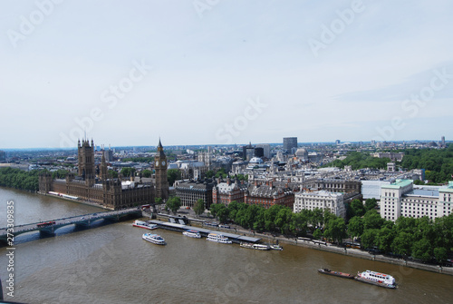 View from London Eye on Houses of Paliament and Westminster Pier