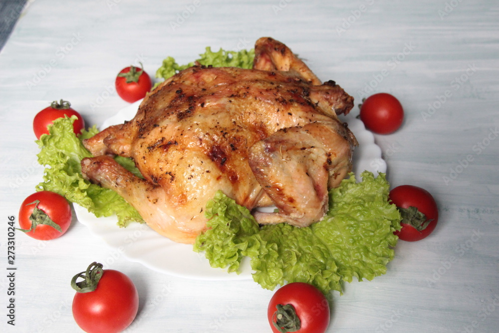 Baked in spices chicken on white background with green salad leaves and tomatos Baked in spices chicken on white background with green salad leaves and tomatos