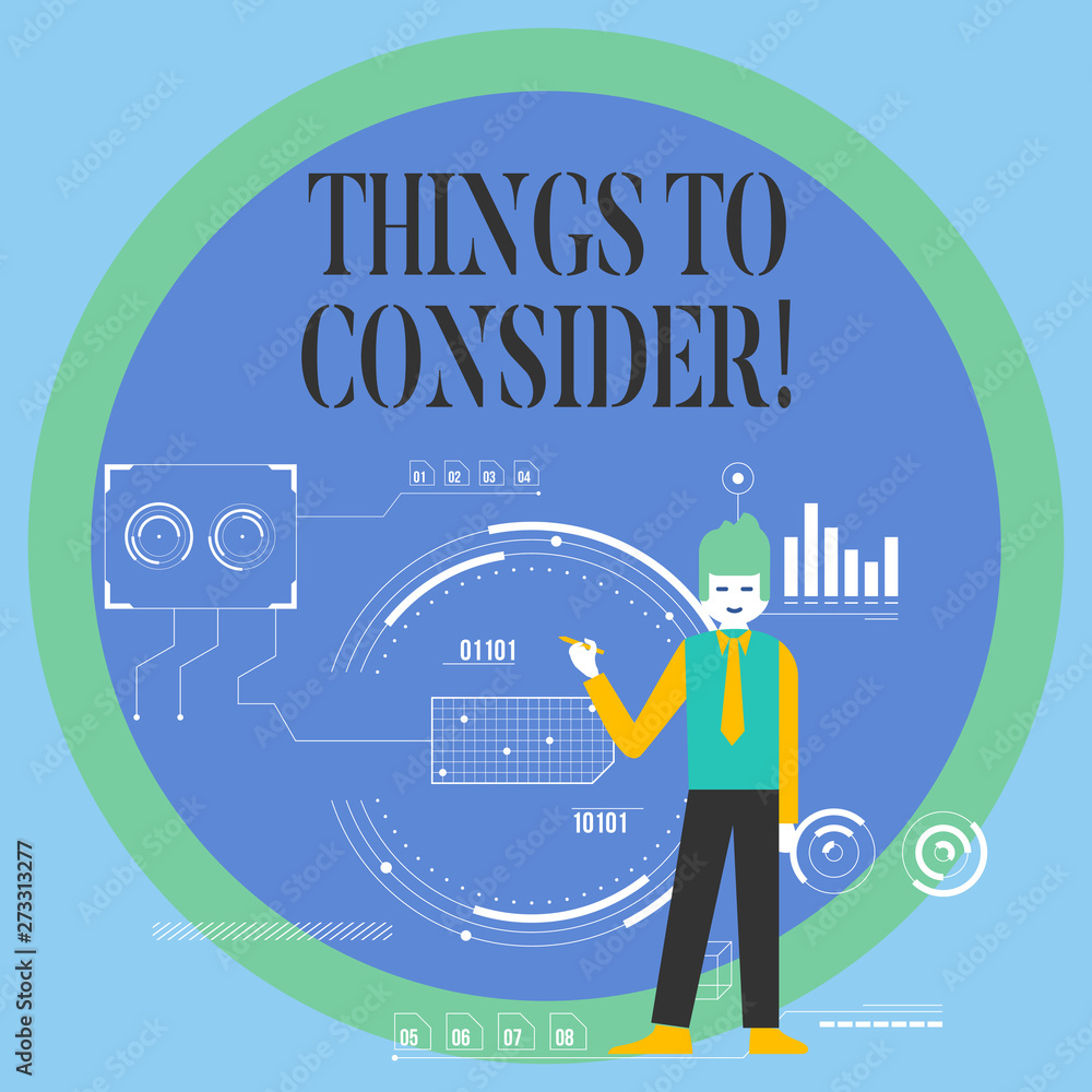 Conceptual hand writing showing Things To Consider. Concept meaning think about something carefully in order to make decision Man Holding Pen Pointing to Chart Diagram SEO Process Icons Conceptual hand writing showing Things To Consider. Concept meaning think about something carefully in order to make decision Man Holding Pen Pointing to Chart Diagram SEO Process Icons