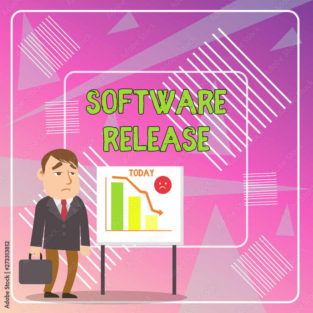 Word writing text Software Release. Business photo showcasing sum of stages of development and maturity for program Businessman Clerk with Brief Case Standing Whiteboard Declining Bar Chart Word writing text Software Release. Business photo showcasing sum of stages of development and maturity for program Businessman Clerk with Brief Case Standing Whiteboard Declining Bar Chart