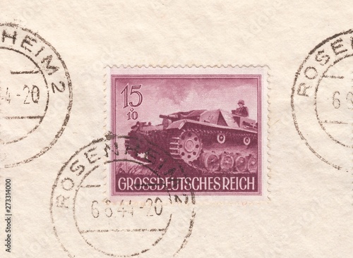 Assault gun III. Armed forces day: Heroes memorial day.Postmark of the city Rosenheim,stamp Germany 1944