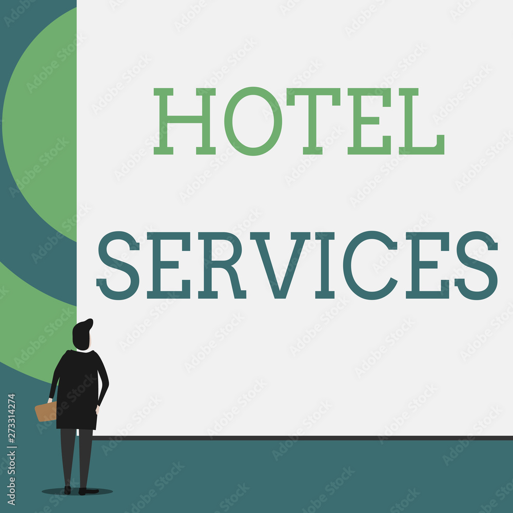 Text sign showing Hotel Services. Business photo showcasing Facilities Amenities of an accommodation and lodging house Back view young woman watching blank big rectangle. Geometrical background Text sign showing Hotel Services. Business photo showcasing Facilities Amenities of an accommodation and lodging house Back view young woman watching blank big rectangle. Geometrical background