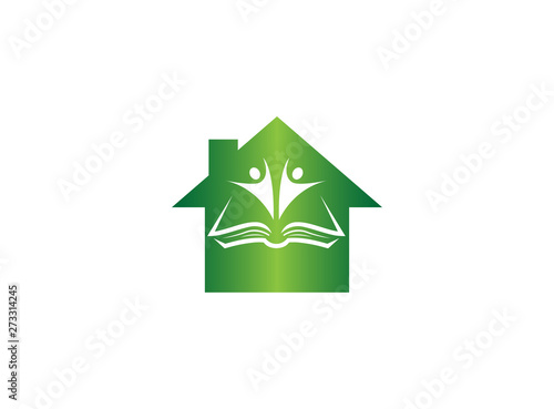 Kids or students open hands inside a book for logo design illustration, in a home shape school icon