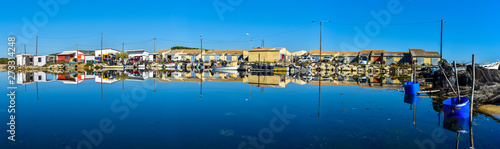 Panoramic view at Fishers village in the border of Ayroll Laguna, Narbone region of French Occitanie.