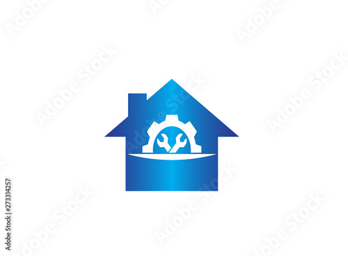 Mechanic gear tools in and pignion for logo design illustration, in a home shape house icon
