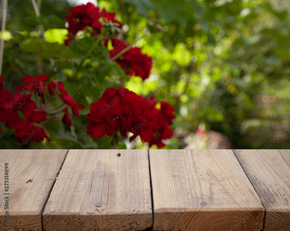 Blurred background of forest park garden with wooden table Blurred background of forest park garden with wooden table