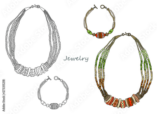 Fashion. Jewelry of beads in ethnic style: necklace and bracelet. Hand-drawn.