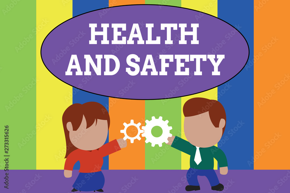 Text sign showing Health And Safety. Business photo text procedures intended to prevent accident in workplace Standing young couple sharing gear. Man tie woman skirt commerce relation Text sign showing Health And Safety. Business photo text procedures intended to prevent accident in workplace Standing young couple sharing gear. Man tie woman skirt commerce relation