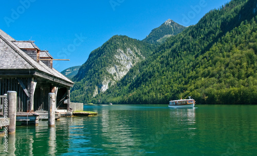 Boat and docks on Koenigssee lake in Bavaria