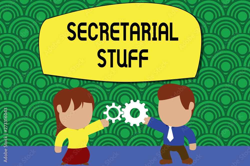 Word writing text Secretarial Stuff. Business photo showcasing Secretary belongings Things owned by demonstratingal assistant Standing young couple sharing gear. Man tie woman skirt commerce relation Word writing text Secretarial Stuff. Business photo showcasing Secretary belongings Things owned by demonstratingal assistant Standing young couple sharing gear. Man tie woman skirt commerce relation