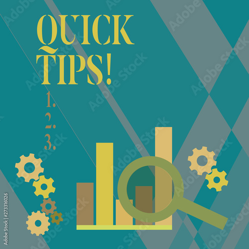 Word writing text Quick Tips. Business photo showcasing small but particularly useful piece of practical advice Magnifying Glass Over Bar Column Chart beside Cog Wheel Gears for Analysis