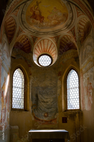 Bled Castle is an interior chapel.Architectural details of chapel. Chapel built in the 16th century. Bled .  Slovenia, Europe. European travel.  photo