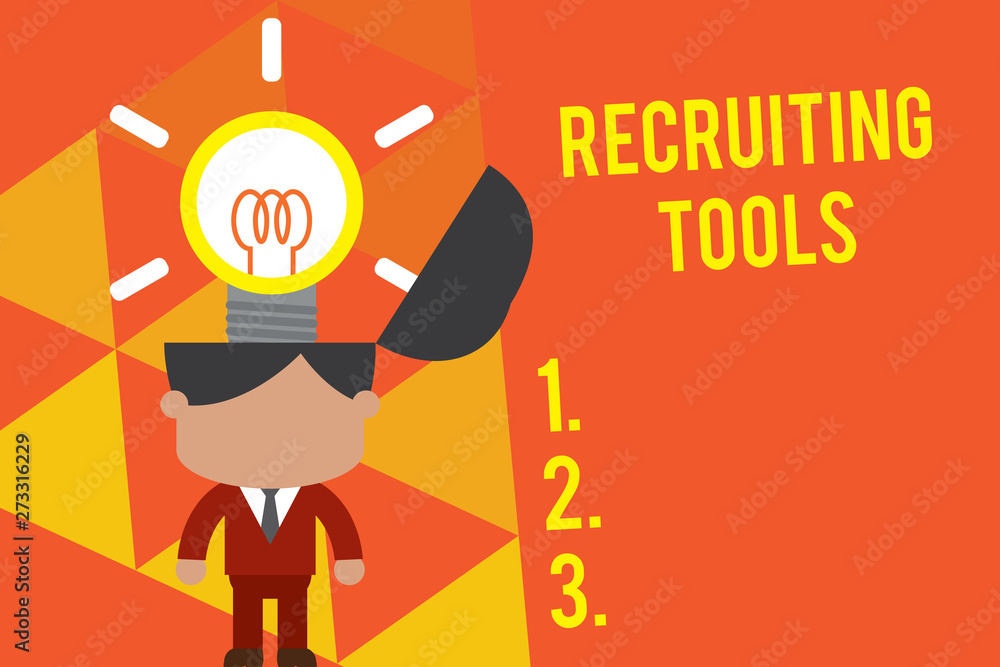 Handwriting text Recruiting Tools. Conceptual photo getting new talents to your company through internet or ads Standing successful man suit necktie surging brilliant innovative solutions