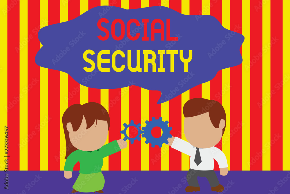 Writing note showing Social Security. Business concept for assistance from state showing with inadequate or no income Young couple sharing gear Man tie woman skirt relation Writing note showing Social Security. Business concept for assistance from state showing with inadequate or no income Young couple sharing gear Man tie woman skirt relation
