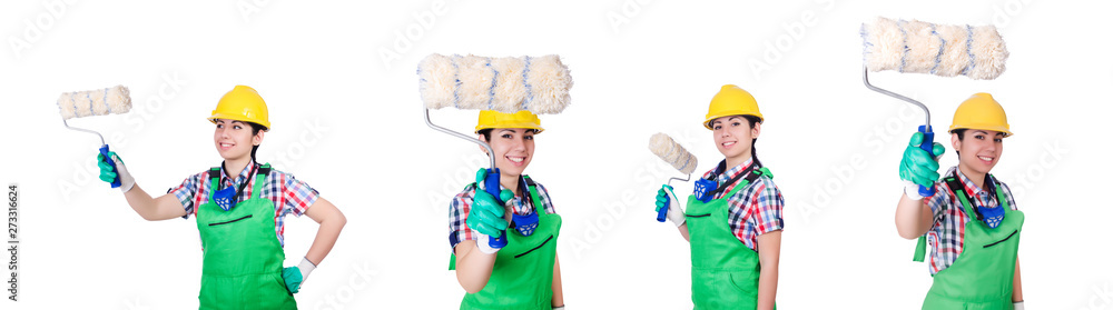 Woman painter with paintbrush on white Woman painter with paintbrush on white