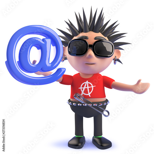 Funny 3d cartoon vicious punk rock character holding an email address symbol photo