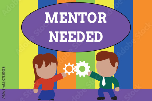 Text sign showing Mentor Needed. Business photo text wanted help for more experienced or more knowledgeable demonstrating Standing young couple sharing gear. Man tie woman skirt commerce relation