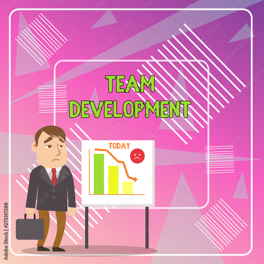 Word writing text Team Development. Business photo showcasing learn why and how small groups change over time with graphs Businessman Clerk with Brief Case Standing Whiteboard Declining Bar Chart Word writing text Team Development. Business photo showcasing learn why and how small groups change over time with graphs Businessman Clerk with Brief Case Standing Whiteboard Declining Bar Chart