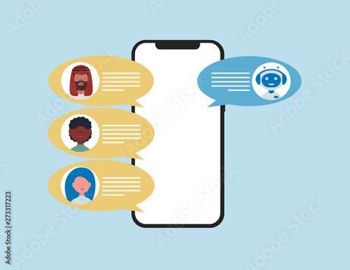 Chatbot concept. People chatting with chat bot on smartphone. Flat vector design style minimalistic illustration for business, site, web. 