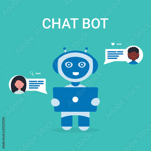 Modern robot ChatBot with tablet artificial intelligence. Concept flat vector illustration.