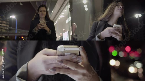 Collage of medium and close up shots of beautiful young woman standing and walking outside at night, swiping on phone. Lifestyle, communication concept