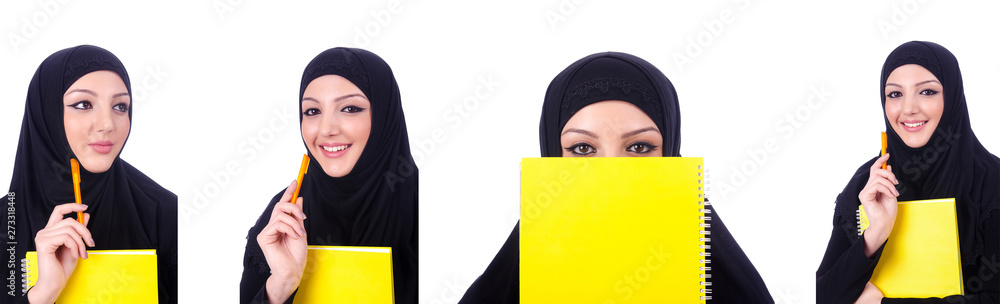 Young muslim woman with book on white Young muslim woman with book on white