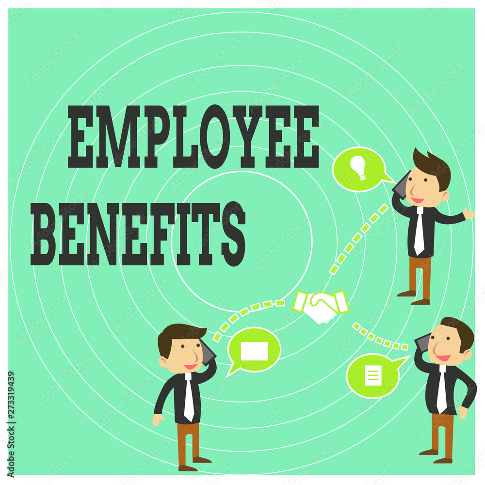 Conceptual hand writing showing Employee Benefits. Concept meaning Indirect and noncash compensation paid to an employee Businessmen Coworker Conference Call Discussion Mobile Phone Conceptual hand writing showing Employee Benefits. Concept meaning Indirect and noncash compensation paid to an employee Businessmen Coworker Conference Call Discussion Mobile Phone