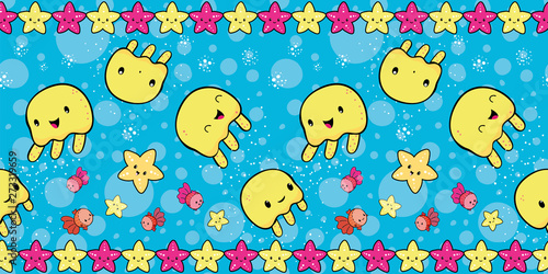 Adorable somersaulting cartoon yellow jellyfish border design. Seamless vector pattern on blue bubble textured background with starfish edging. Great for bathroom, kids products, packaging, stationery