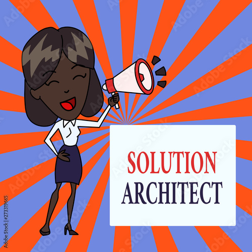 Text sign showing Solution Architect. Business photo text Design applications or services within an organization Young Woman Speaking into Blowhorn Volume Icon Colored Backgdrop Text Box photo