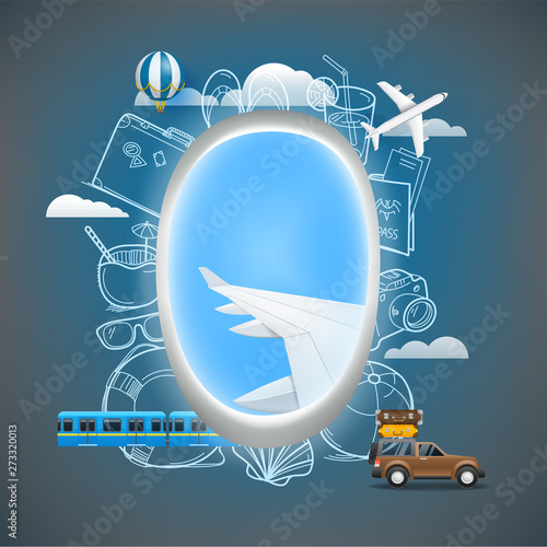 Summer travel vector illustration. Travel elements with aircraft window