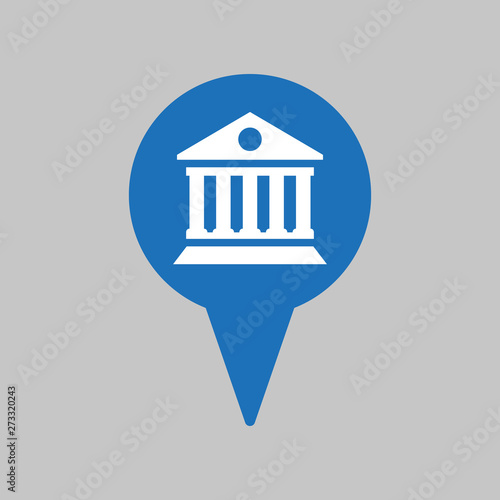Map pointer with bank icon on grey background.