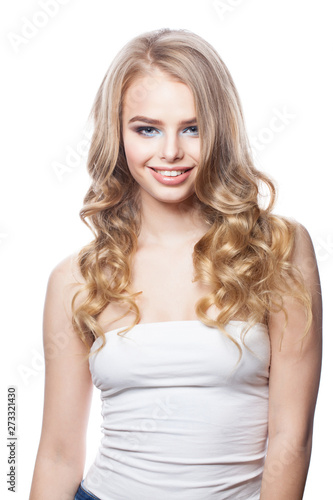 Beautiful woman with long blonde hair isolated on white background