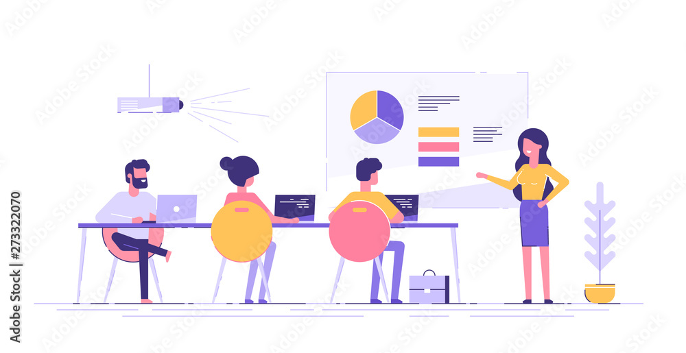 Business woman presenting new project to her partners and colleagues. She is showing graphs and pie charts. Coach giving presentation to clients at conference meeting room. Modern vector illustration.