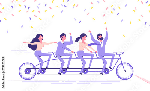 Happy business people team is riding fast on a four-person tandem bike and crossing finish line. Team building and goals achievement concept. Modern vector illustration.