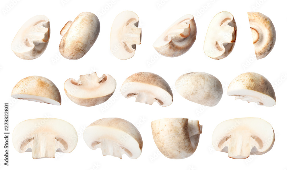 Set of flying cut fresh mushrooms on white background Set of flying cut fresh mushrooms on white background