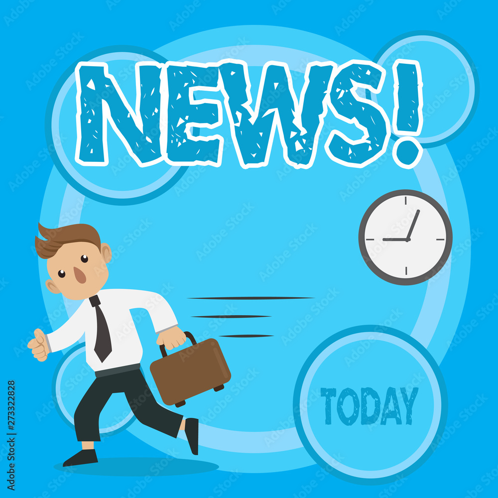 Word writing text News. Business photo showcasing Report recent events Previously unknown information Man in Tie Carrying Briefcase Walking in a Hurry Past the Analog Wall Clock Word writing text News. Business photo showcasing Report recent events Previously unknown information Man in Tie Carrying Briefcase Walking in a Hurry Past the Analog Wall Clock