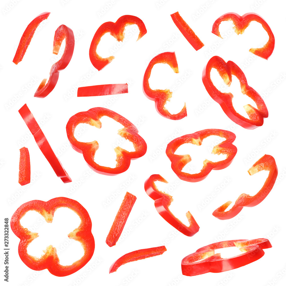 Set of flying cut fresh bell pepper on white background Set of flying cut fresh bell pepper on white background